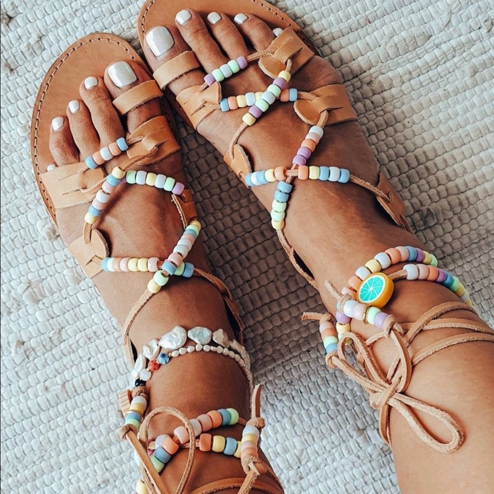 Adorable Pastel Beaded Leather Sandals 🌈
